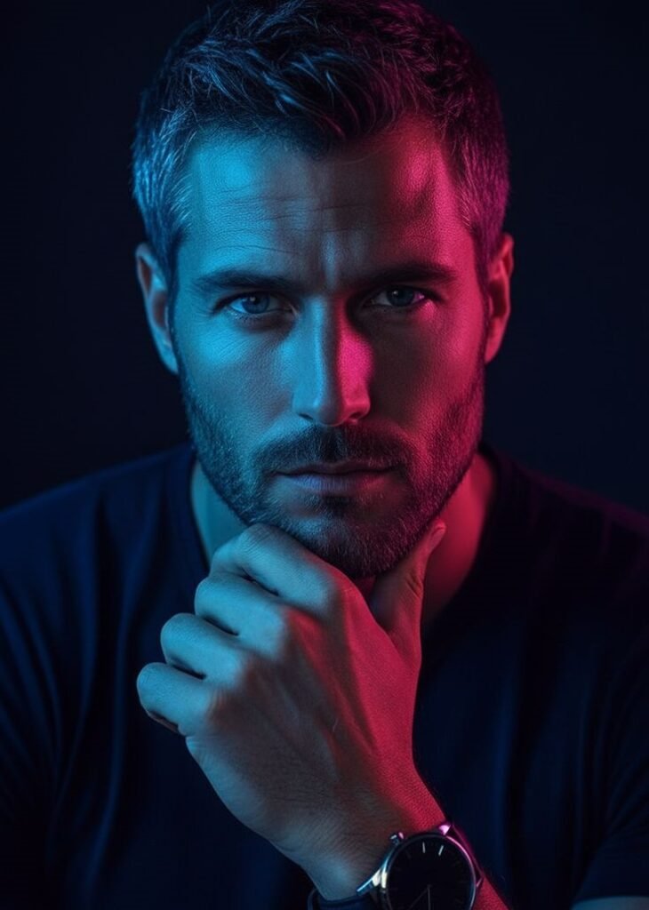 A Man with a beard, illuminated by dramatic dual-colored lighting.