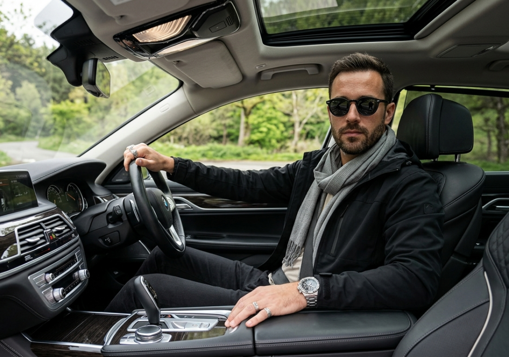 Homem rico estiloso empresário dirigindo carro chique