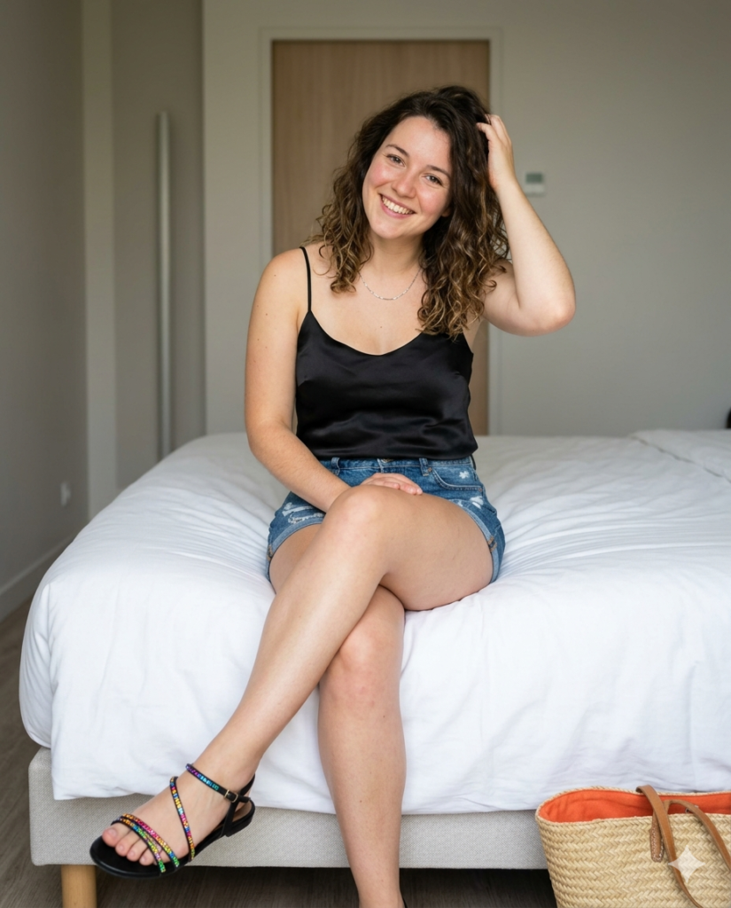 uma mulher sentada em uma cama com lençóis brancos