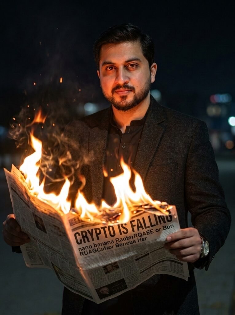 Man holding burning newspaper