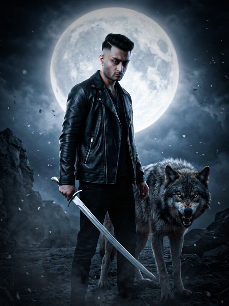 Man with sword and wolf