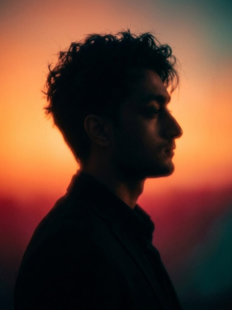 Silhouette of a man with soft, messy hair