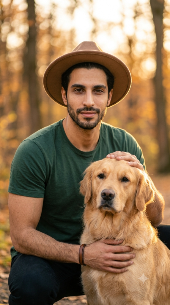 Foto de primavera e outono com homem e seu cachorro de estimação no parque